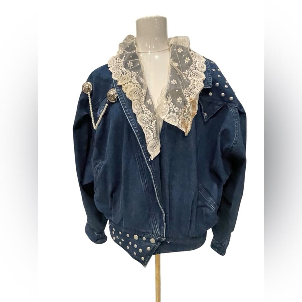 Vintage Fiorentini Women's Blue Denim Jacket with Lace Trim Size:S